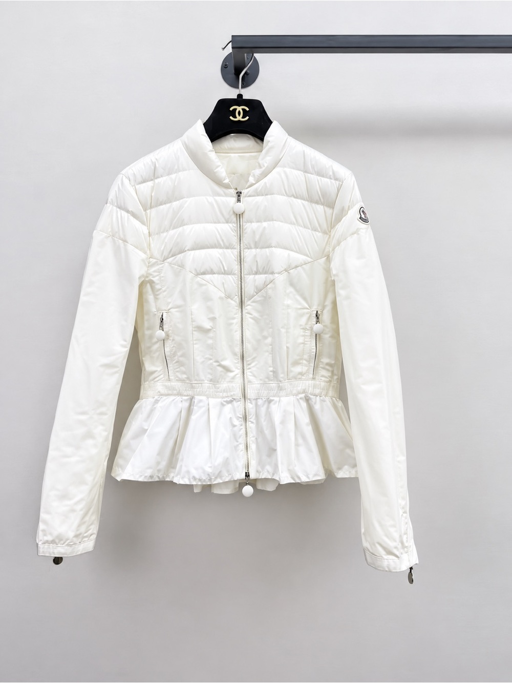 Moncler White Quilted Peplum Puffer Jacket